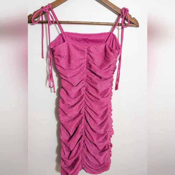 Jump Apparel Y2K Pink Metallic Sparkle Ruched Bodycon Mini Dress - Picture 6 of 7